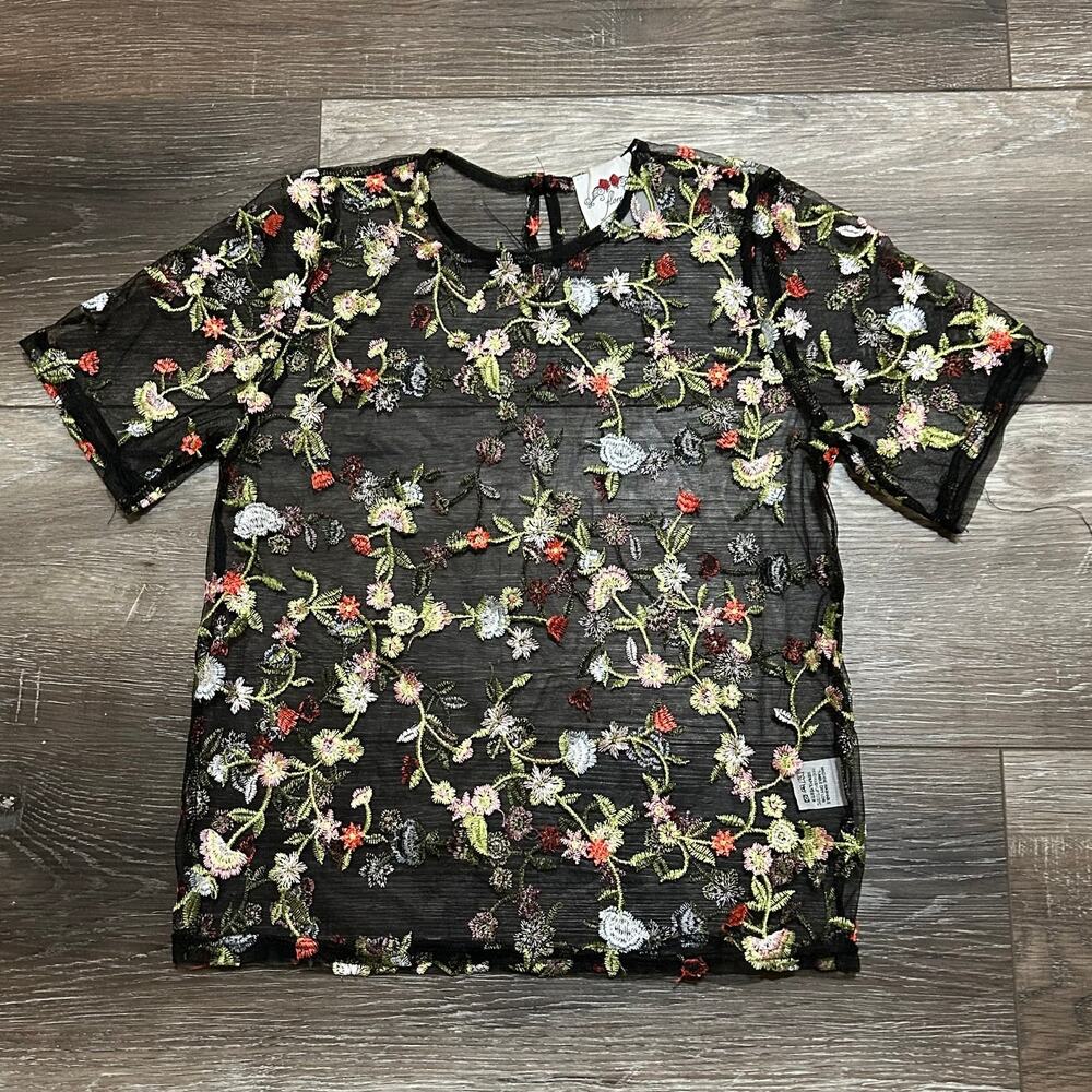Flores Sheer Floral Embroidered Mesh Top Black Short Sleeve Women's Small